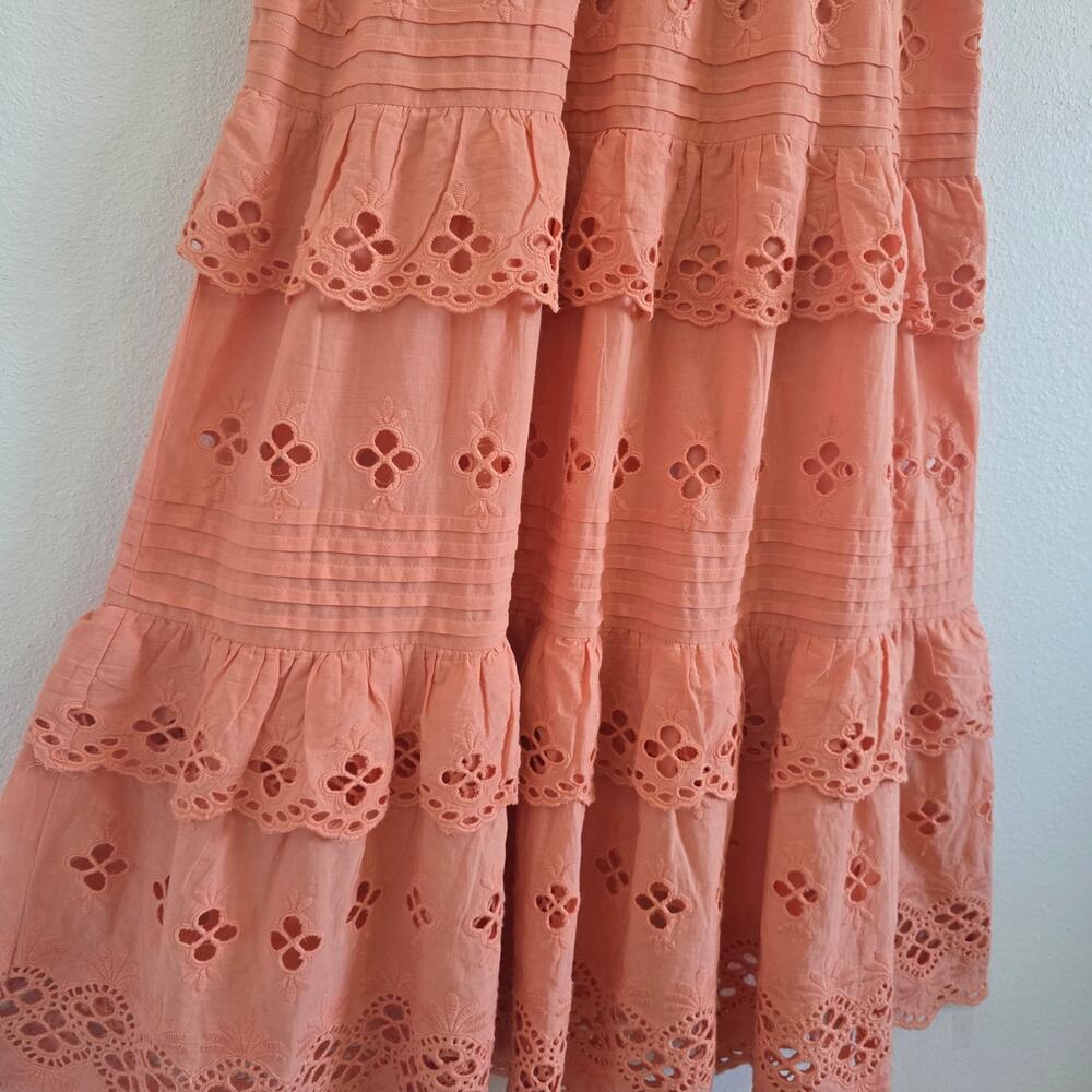 Lovers and Friends Tiered Midi Maxi Dress XS Eyelet Lace Coral Pink Cottagecore - Picture 5 of 12